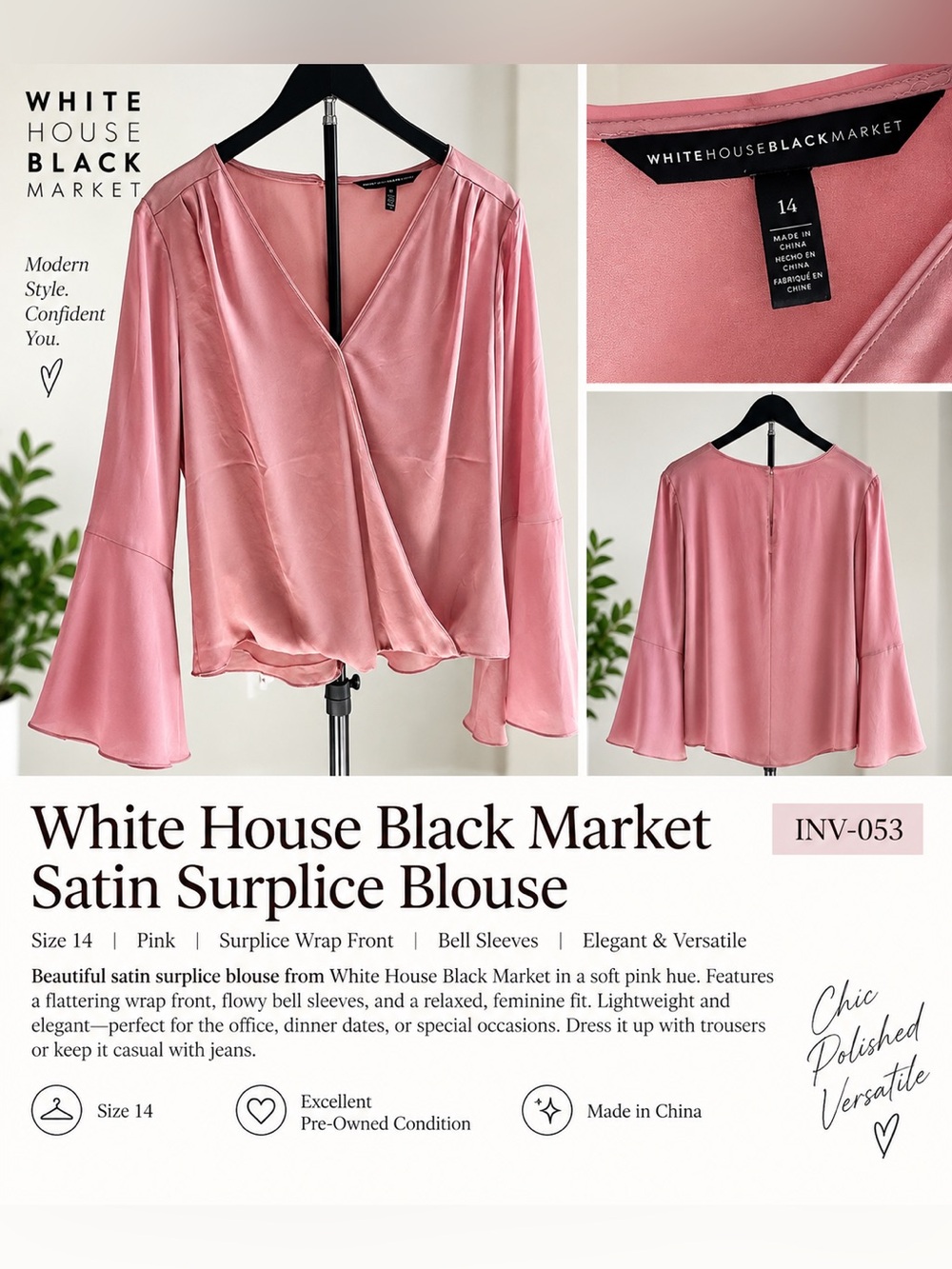White House Black Market Pink Satin Surplice Blouse